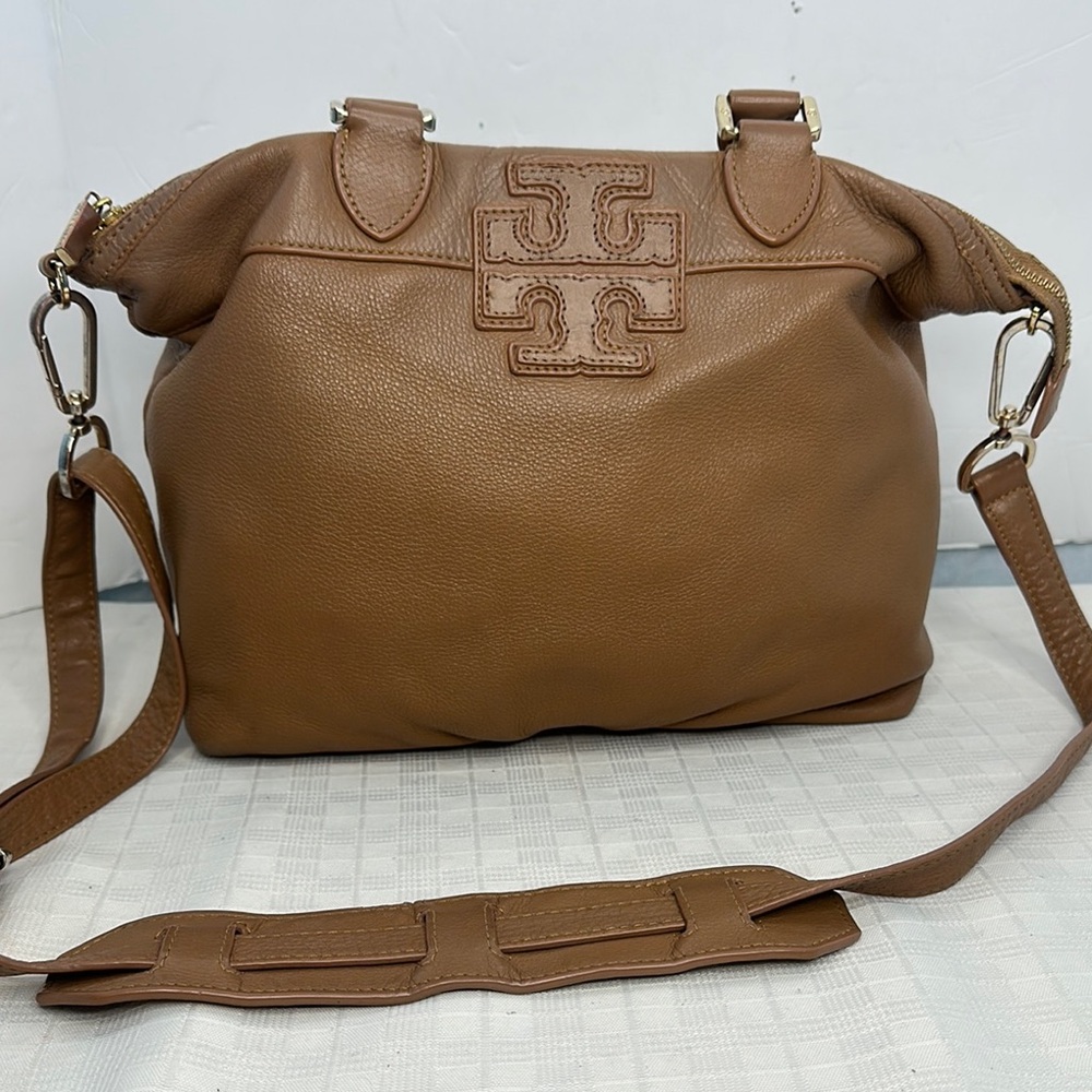 Tory Burch Brown and Gold Satchel with Embossed Logo